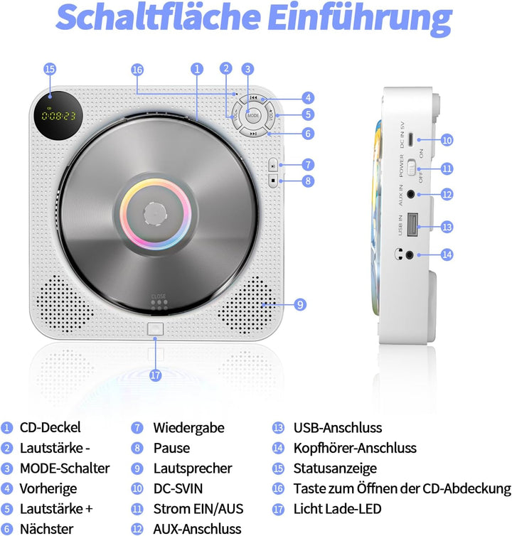 DESOBRY Tragbarer CD Player mit Bluetooth, Kleiner CD-Player für die Wandmontage mit Lautsprechern,