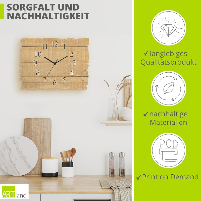 ARTLAND Wanduhr ohne Tickgeräusche aus Holz Funk Uhr lautlos 40x30 cm Rechteckig Muster Rustikal Lan