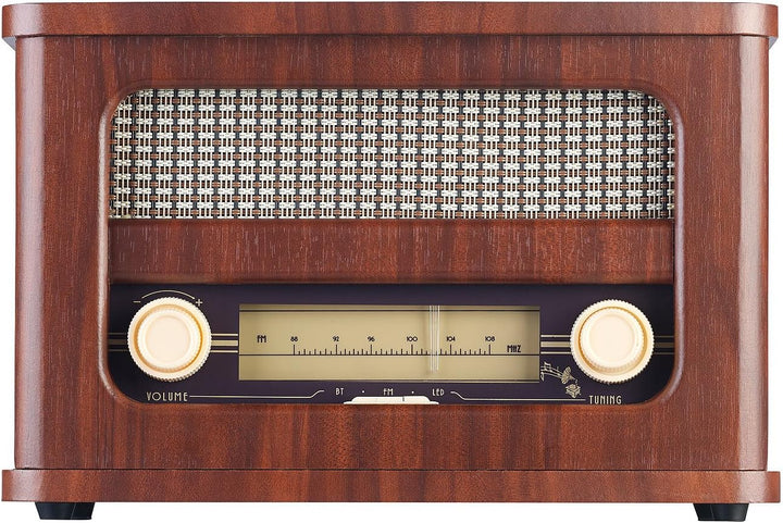 auvisio Nostalgie Radio: Nostalgisches Stereo-FM-Radio 12W, Holz, Akku, Bluetooth, USB Ladeport (Rad