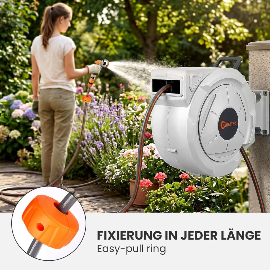 Schlauchtrommel Wasser 30m + 2m, 180° Schwenkbar Wand-Schlauchbox, Automatischer Gartenschlauch trom
