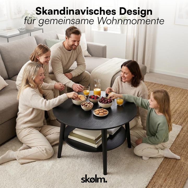 skølm Mjölnir Couchtisch rund Ø70 cm – Wohnzimmertisch aus Eiche Massivholz – Sofatisch mit 2 Ablage