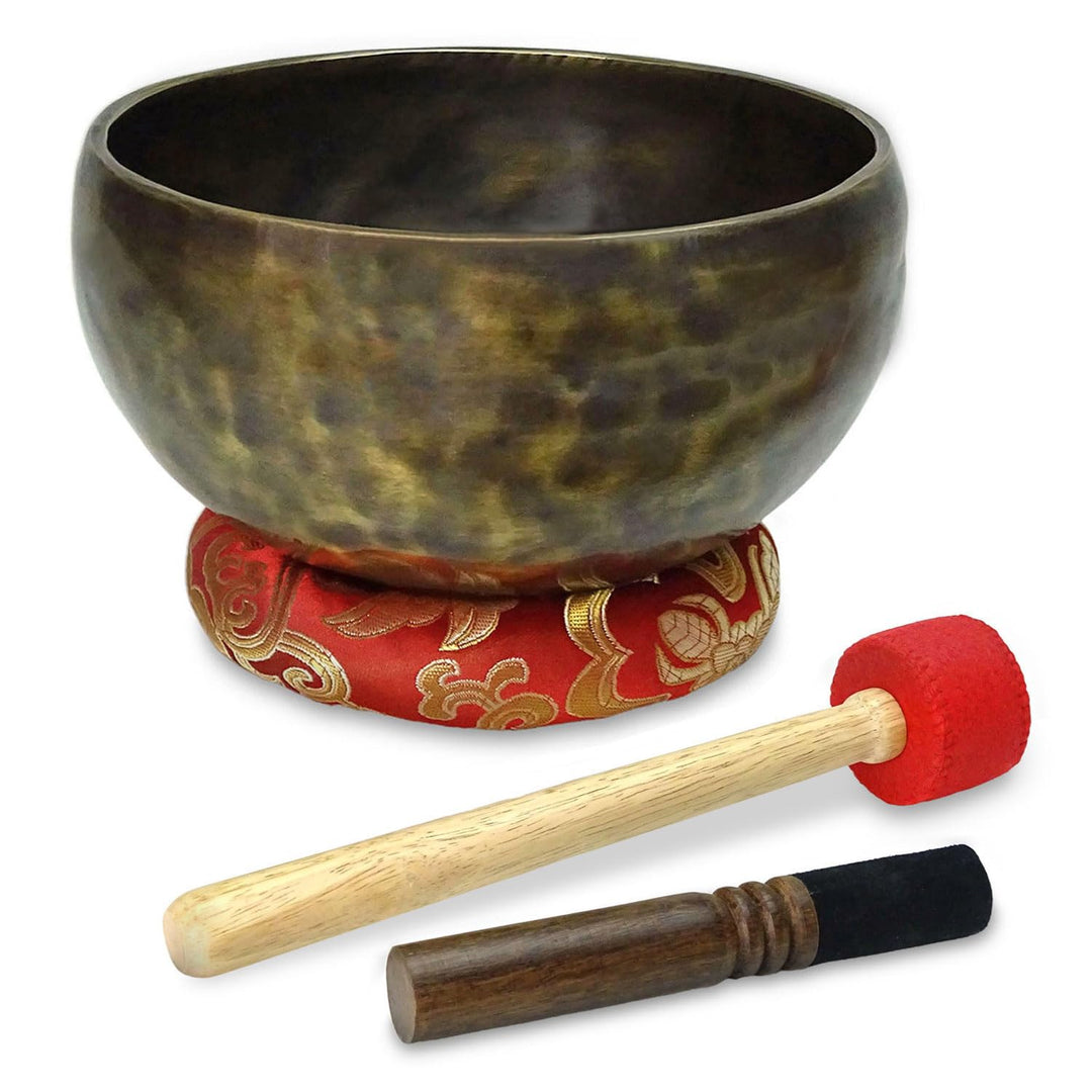 keepdrum Tibetische Bronze-Klangschale Singing Bowl 16 cm mit Klangschalen-Reiber Schlägel und Unter