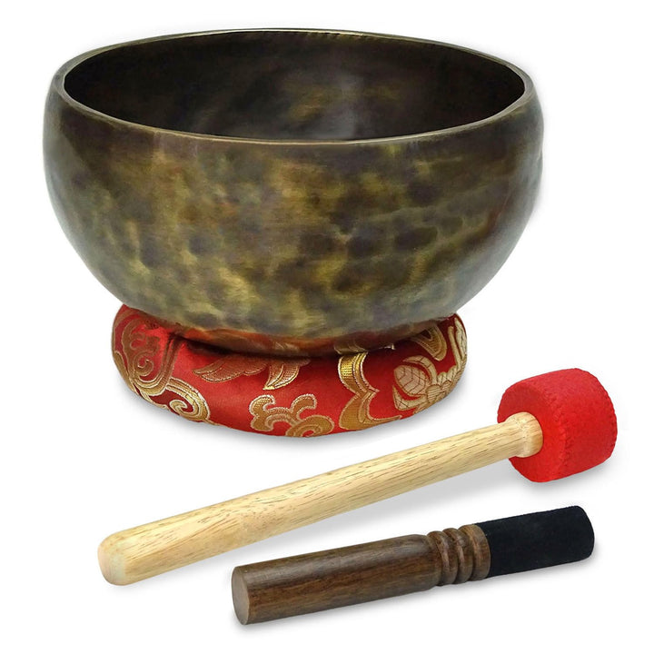 keepdrum Tibetische Bronze-Klangschale Singing Bowl 16 cm mit Klangschalen-Reiber Schlägel und Unter