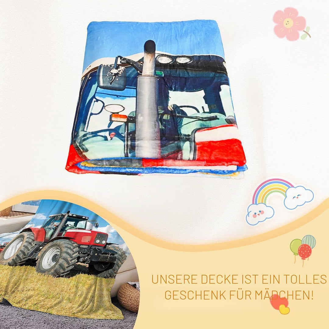 Rote Kuscheldecke Traktor 130×150 cm, weiche Plüschdecke im ländlichen pastoralen blauen Himmelsstil