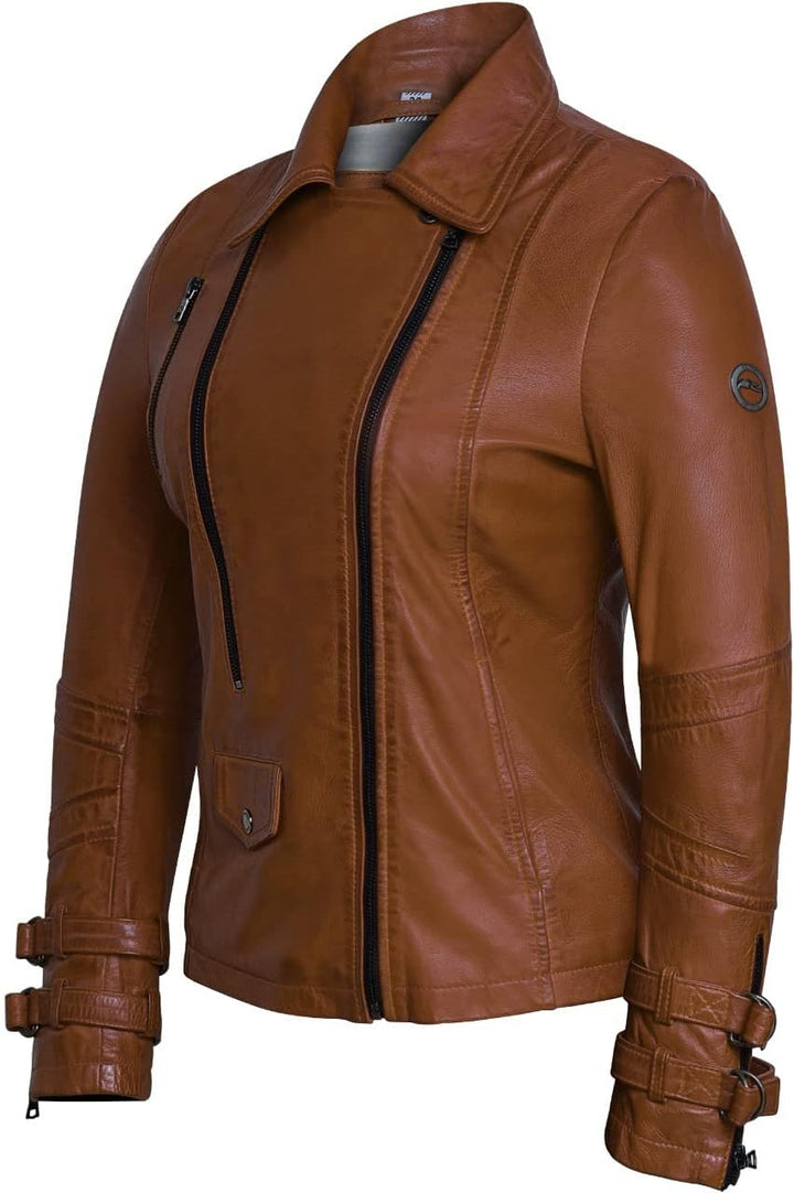 Bluepiel Poula Damen Lederjacke - Modernen Biker-Look - Echt Leder Jacke Rot Tailliert mit Reverskra