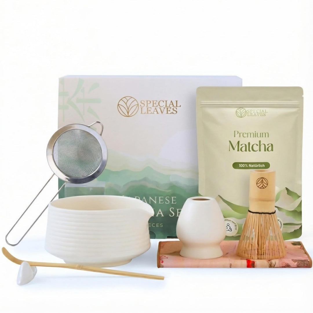 Matcha Set mit Matcha Pulver - Weiss - Matcha Tee Set 8-teilig mit Pulver 90g - Schale, Besen & Zube
