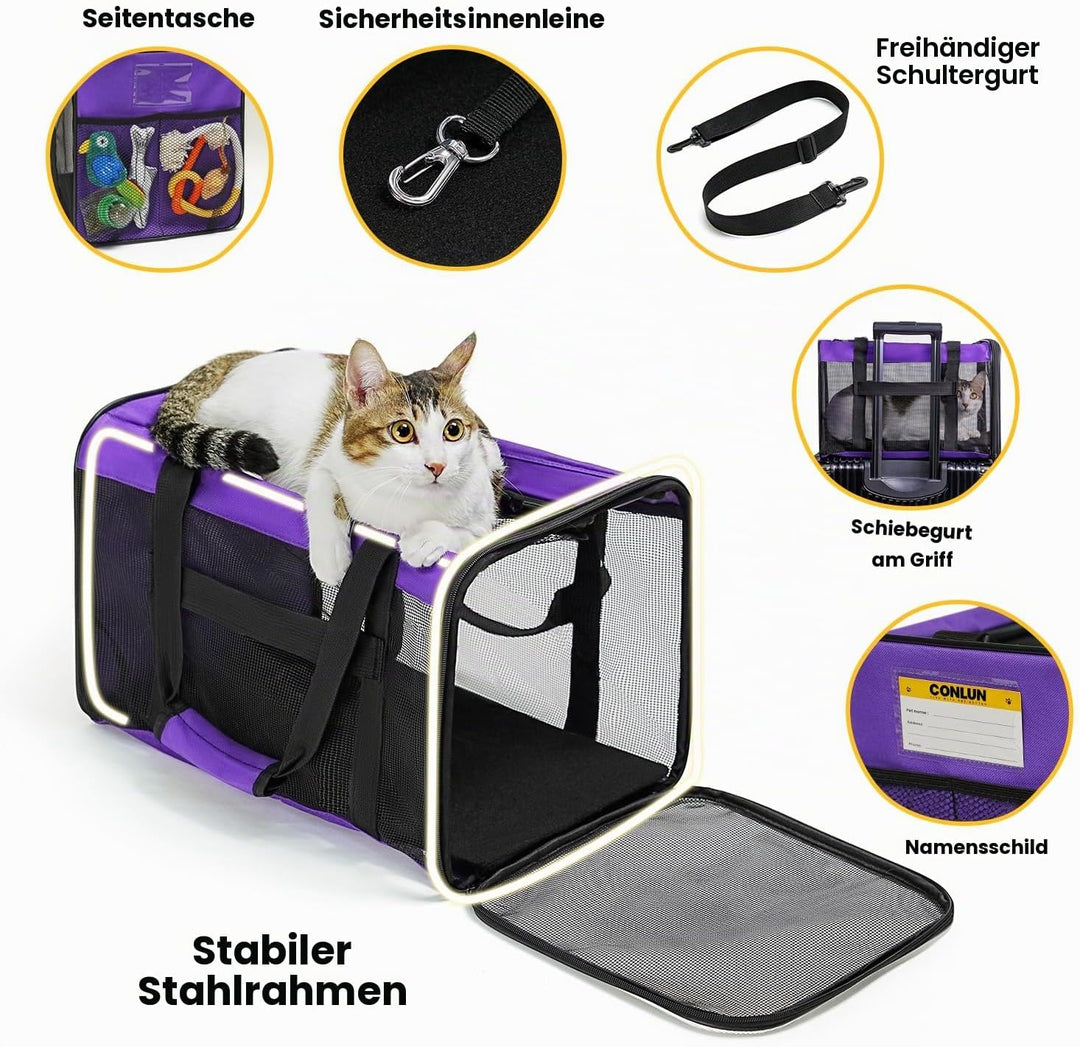 Conlun Katzentransportbox,Weiche Katzentransporttasche mit 4-seitigem Netz, Flugzeugtaugliche Katzen