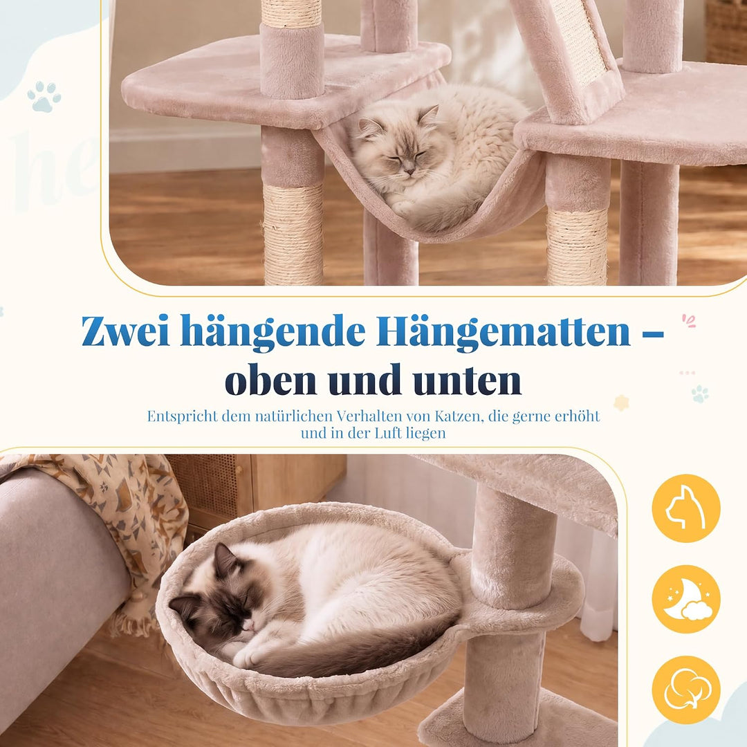 Hey-Brother Kratzbaum, 135 cm Indoor Katzenbaum, Mit gepolsterter Plattform Bett, Spielzeug Ball, Hö