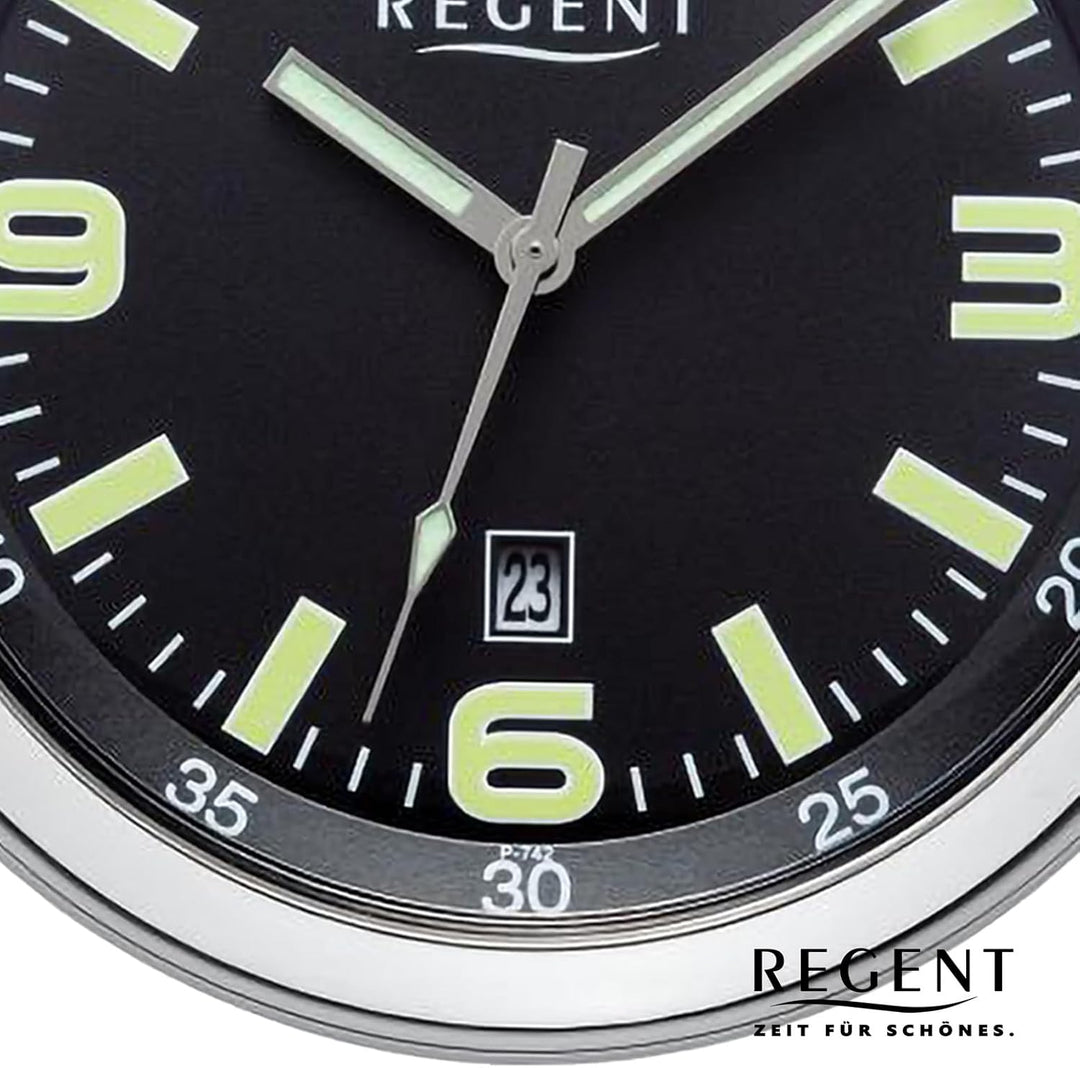 Regent Herren Taschenuhr Edelstahl 50 MM Quarz Schwarzes Zifferblatt Arabische Zahlen Datum P-742