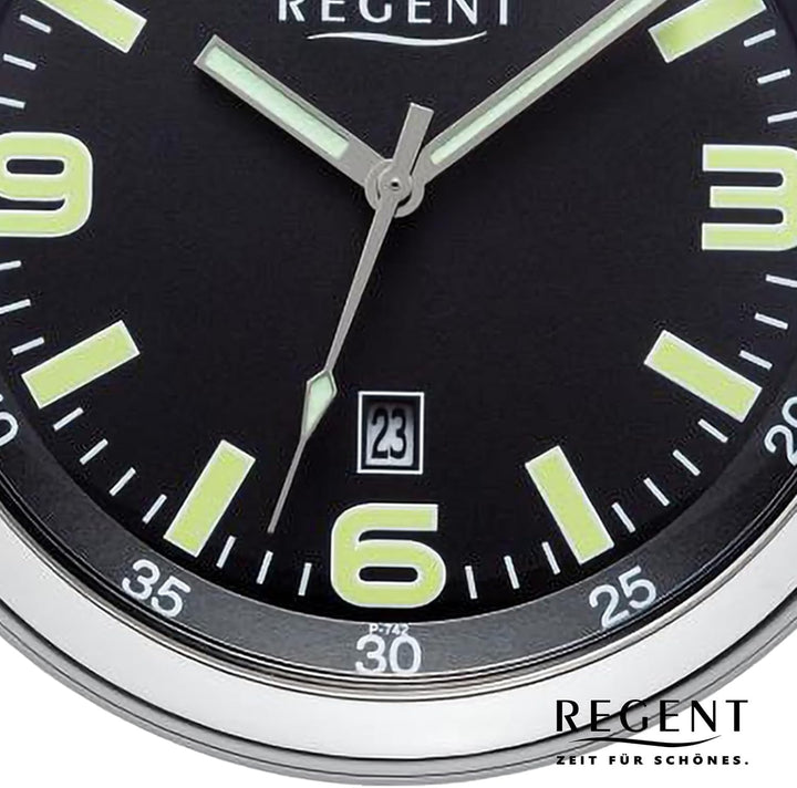 Regent Herren Taschenuhr Edelstahl 50 MM Quarz Schwarzes Zifferblatt Arabische Zahlen Datum P-742