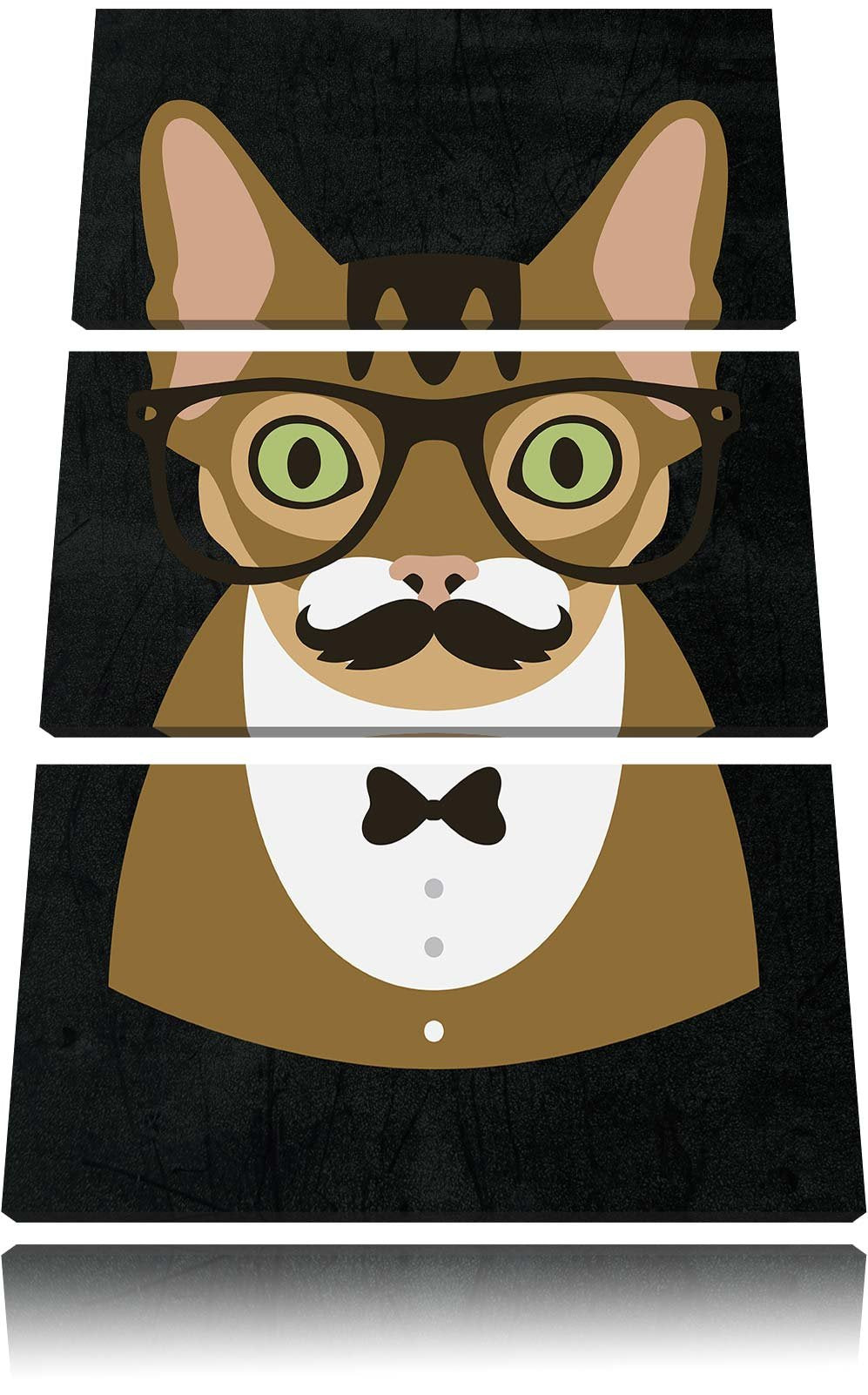 Pixxprint Hipster Katze mit Brille, Schnurbart und Fliege (Main Coon) schwarz 3-Teiler Leinwandbild