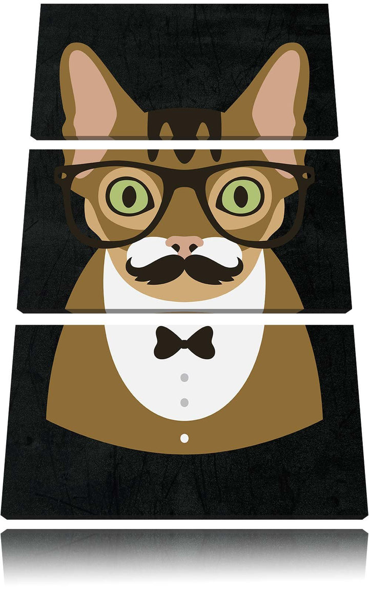 Pixxprint Hipster Katze mit Brille, Schnurbart und Fliege (Main Coon) schwarz 3-Teiler Leinwandbild
