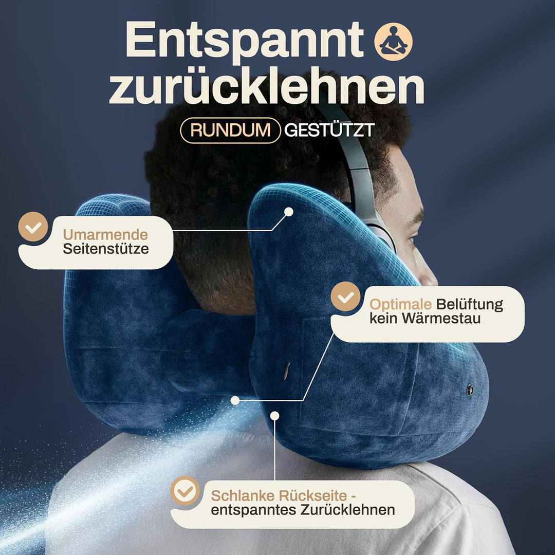 HELDENWERK® Air Nackenkissen Flugzeug Aufblasbar | Reisekissen für 5 Schlafpositionen, schnell aufbl