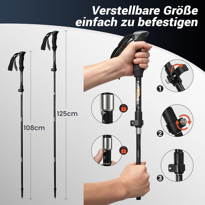 Premium Carbon Wanderstöcke Ultraleicht, Verstellbare Trekkingstöcke 107-125cm mit Korkgriff &amp; Eva-V