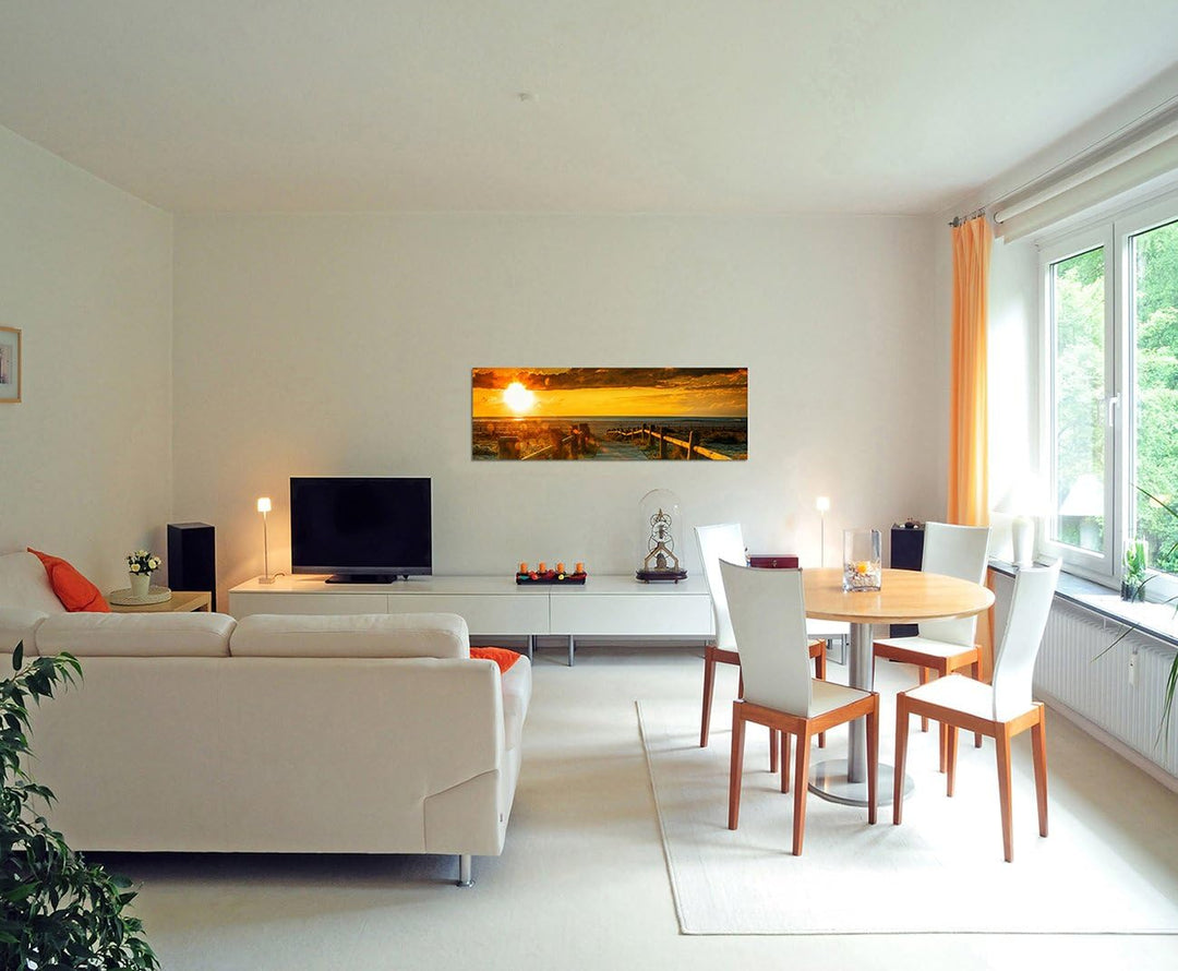 Paul Sinus Art Panoramabild auf Leinwand und Keilrahmen 150x50cm Strand Dünen Steg Meer Sonnenunterg