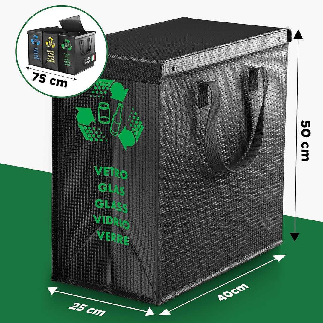 PTMS® Mülleimer 3 Fächer inkl. DECKEL - Mülltrennsystem Taschen für Papier, Glas & Plastik - Recycli