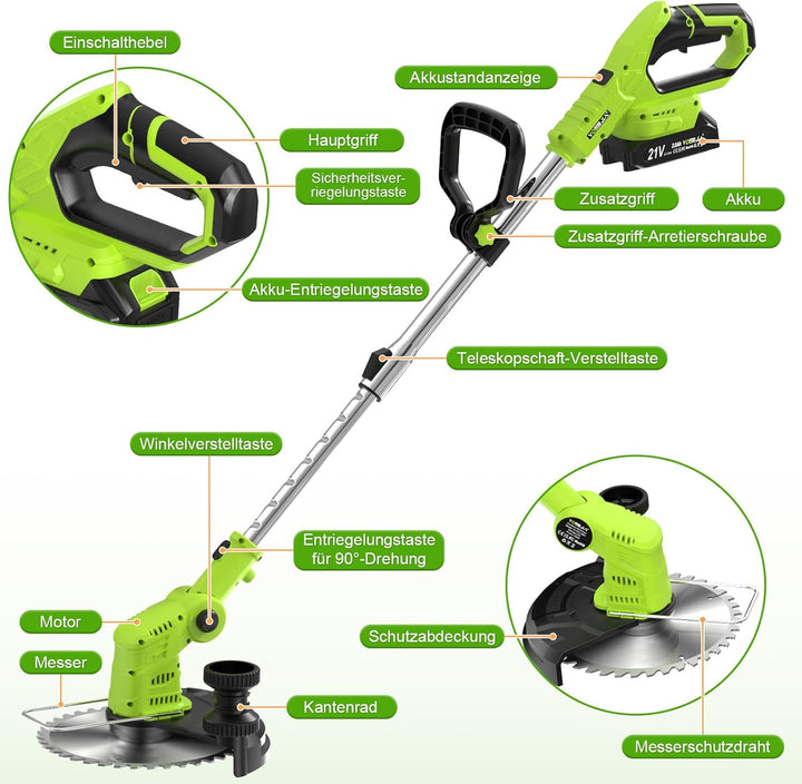 Rasentrimmer Akku 21V mit 2 Akkus und Ladegerät, Freischneider Akku 24000U/min mit LCD-Anzeige, Akku
