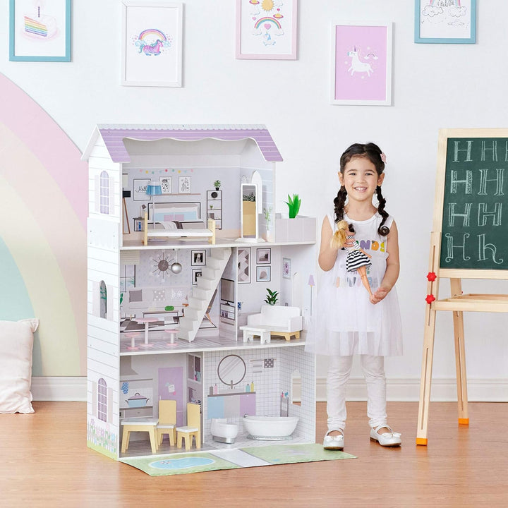 Teamson Kids Olivia’s Little World Grand Kinder-Puppenhaus aus Holz mit 3 Ebenen mit Garten und 16 i