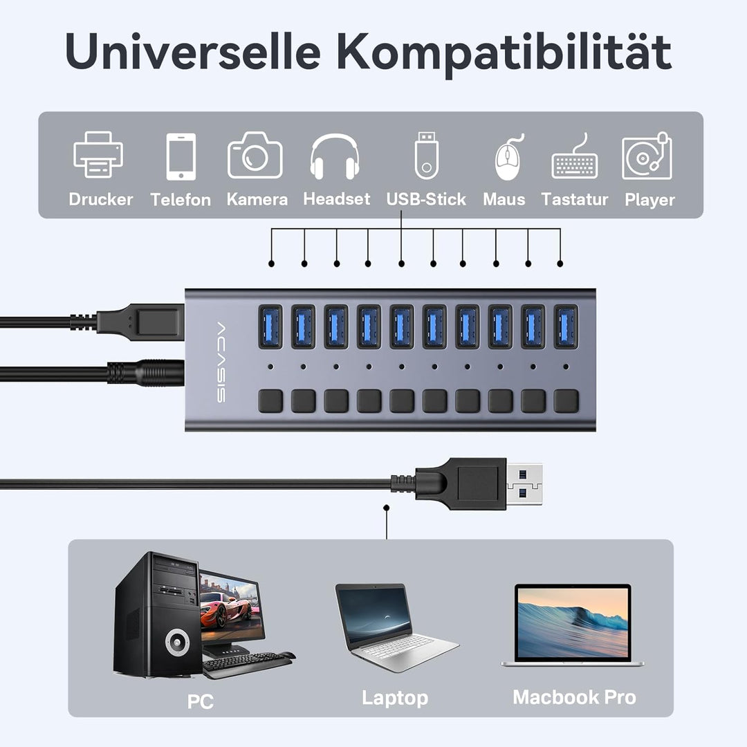 ACASIS Powered USB Hub,10 Ports USB 3.1 Hub mit 10Gbps Data Speed, Individuellen On/Off Schalter, 12