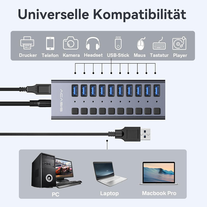 ACASIS Powered USB Hub,10 Ports USB 3.1 Hub mit 10Gbps Data Speed, Individuellen On/Off Schalter, 12