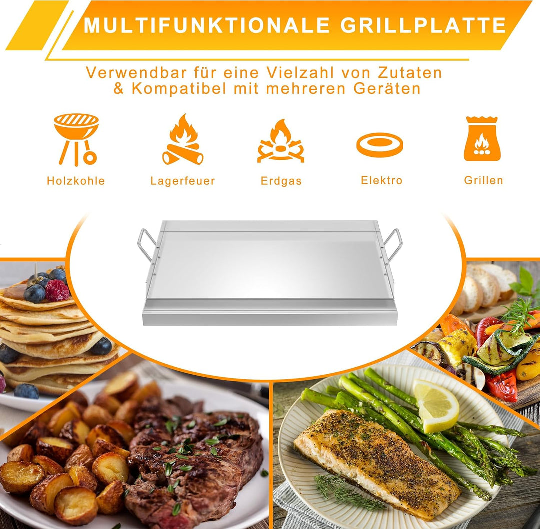 YRHome Plancha Grillplatte 47x32x7cm - Edelstahl Grillblech für Gas &amp; Holzkohle, mit Grillspachtel &amp;