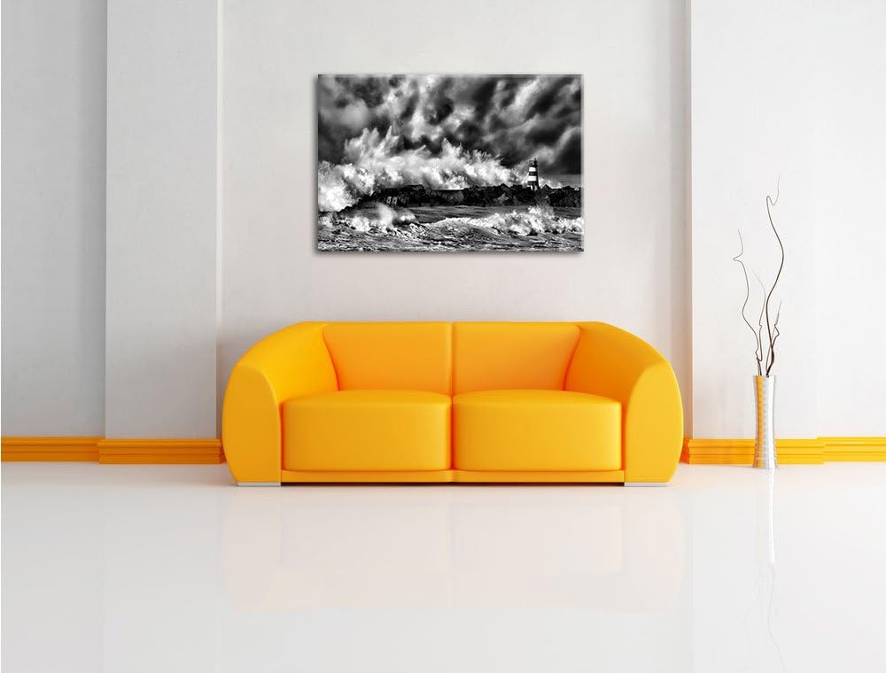 Pixxprint Tobendes Meer mit Leuchtturm / 100x70cm Leinwandbild bespannt auf Holzrahmen/Wandbild Kuns