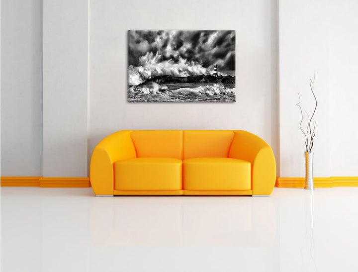 Pixxprint Tobendes Meer mit Leuchtturm / 100x70cm Leinwandbild bespannt auf Holzrahmen/Wandbild Kuns