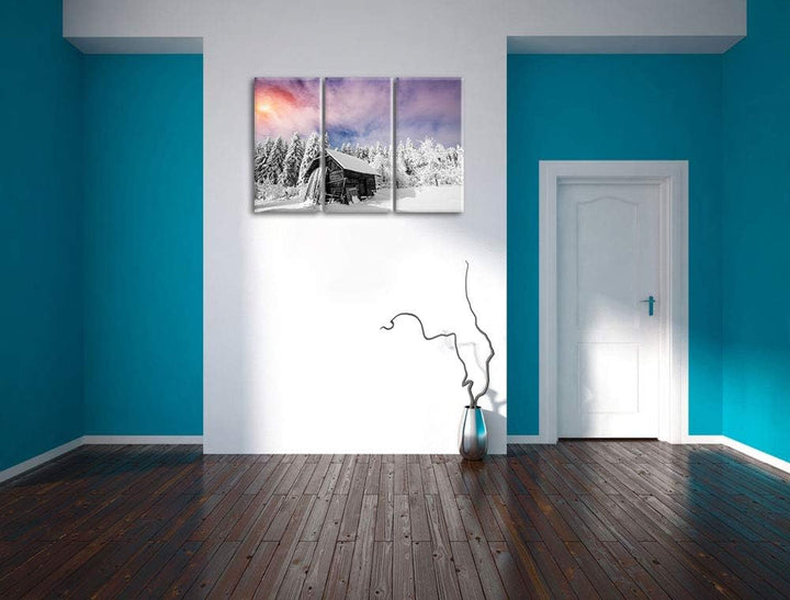 Einsame gemütliche Holzhütte im Schnee schwarz/weiss 3-Teiler Leinwandbild 120x80 Bild auf Leinwand,