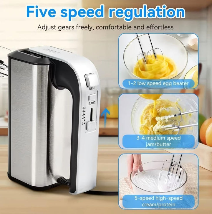 Elektrischer Handmixer, 800 W, Handmischer aus Edelstahl, Handmischer, 5 Geschwindigkeiten mit Ausga