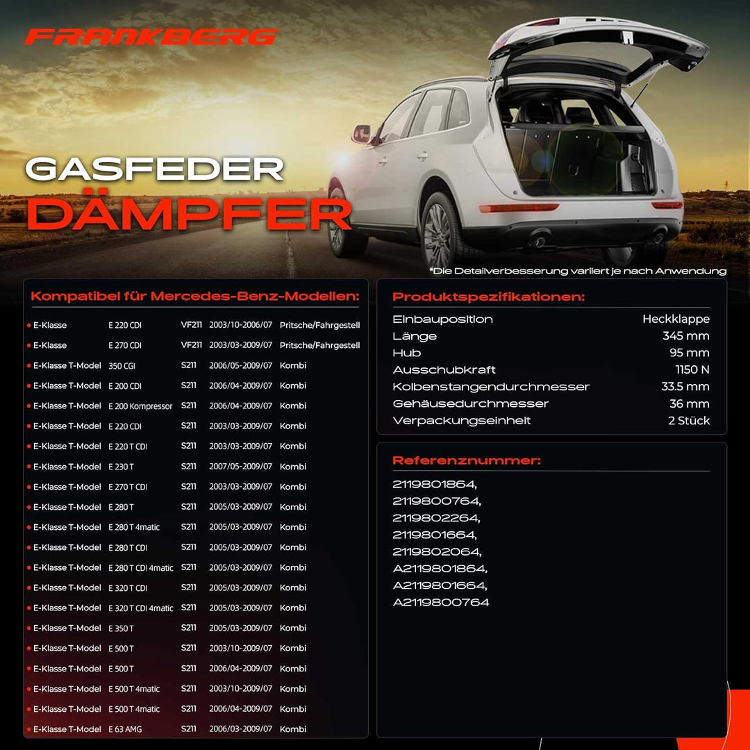Frankberg 2x Gasfeder Gasdämpfer Heckklappe Kompatibel mit E-Klasse Pritsche/Fahrgestell VF211 E270