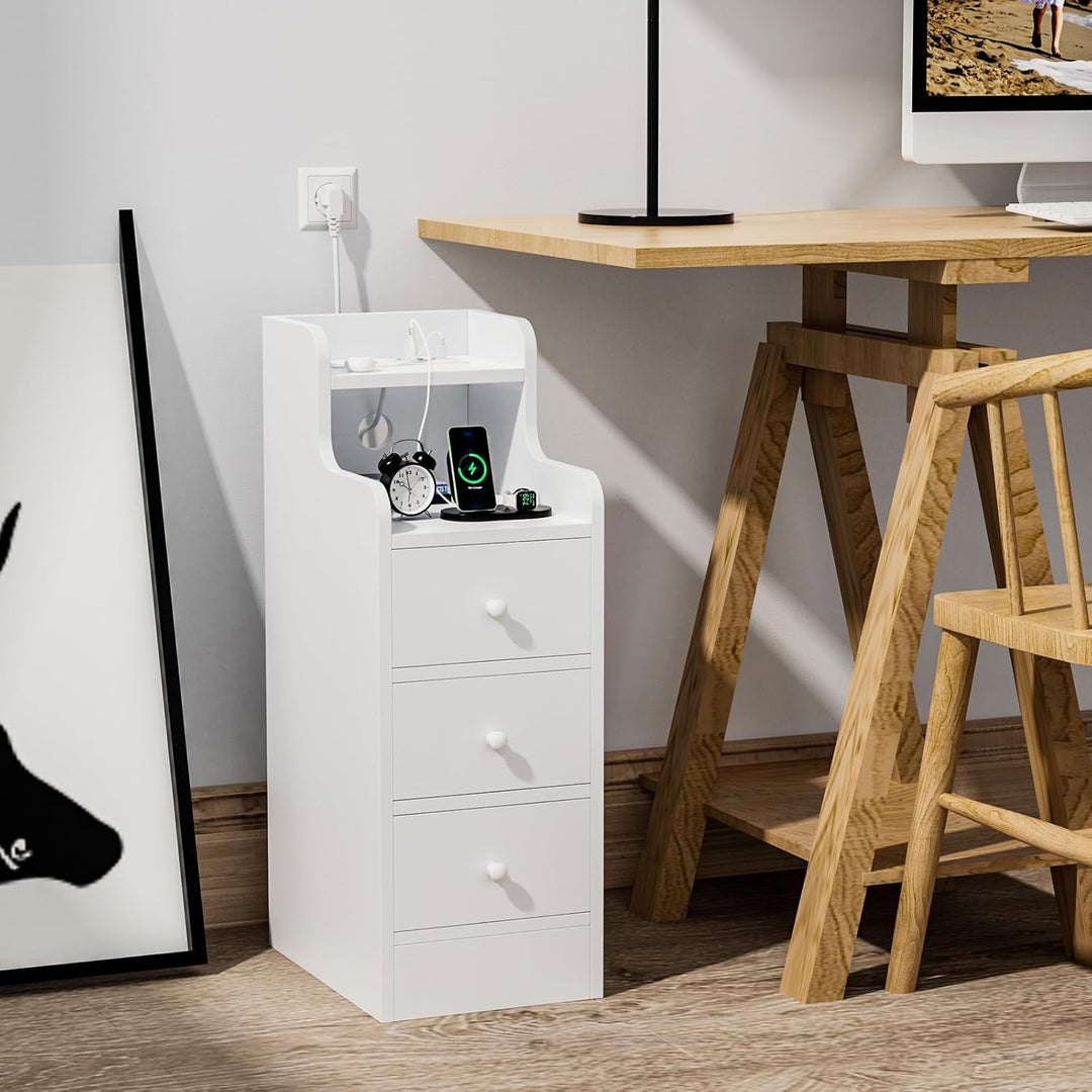 PIPIPOXER Nachttisch 2er Set mit Steckdose & USB, Schmaler Nachttisch, Nachtschrank Weiss Hochglanz