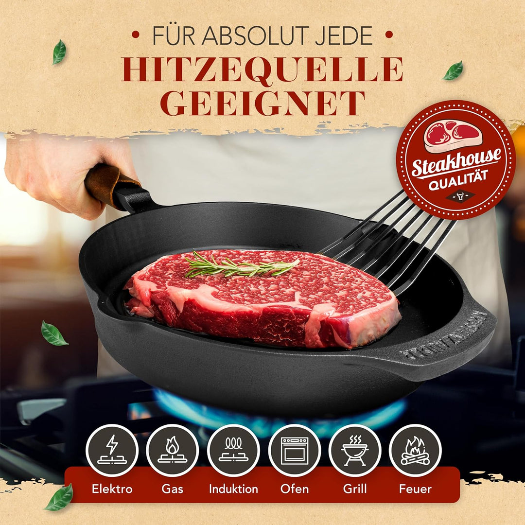 KRUSTENZAUBER 24cm Gusseisenpfanne Induktion - Voreingebrannte Gusseisen Pfanne - Ideale Grillpfanne