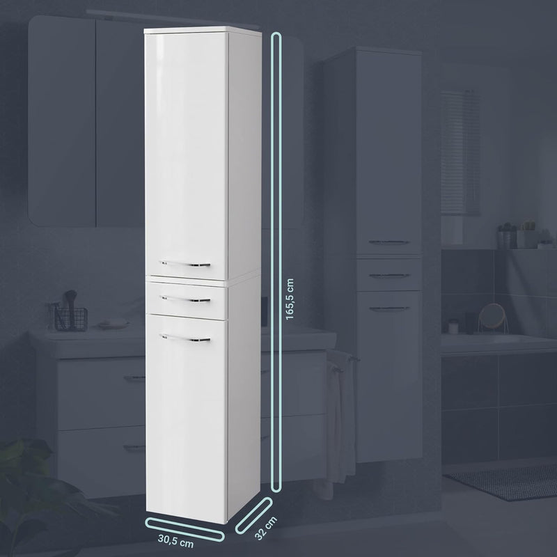 FACKELMANN Milano Hochschrank mit 2 Türen und 1 Schublade – Schrank fürs Badezimmer (30,5 cm x 165,5