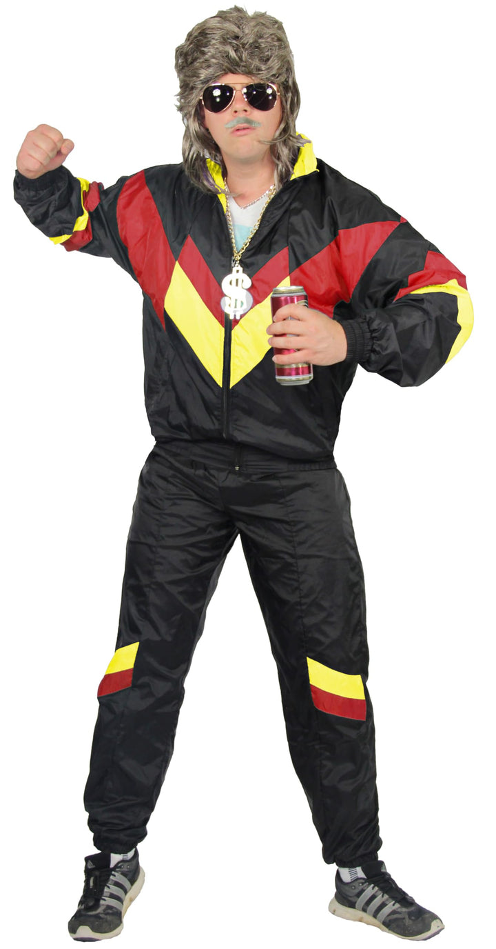 Foxxeo 80er Jahre Trainingsanzug Kostüm für Herren - schwarz rot gelb – Premium Ausführung XXL schwa