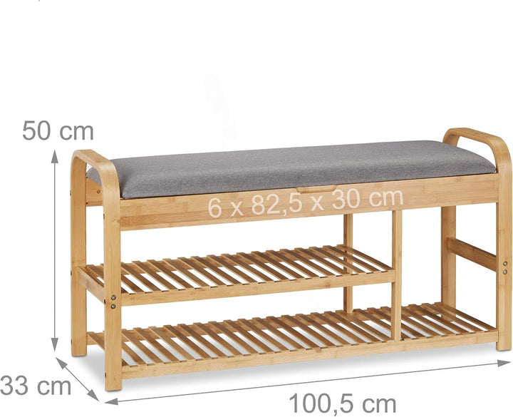 Relaxdays Schuhbank mit Sitzfläche, Stauraum, Polster, Flur, niedrig, Bambus, Sitzbank HxBxT: 50x100