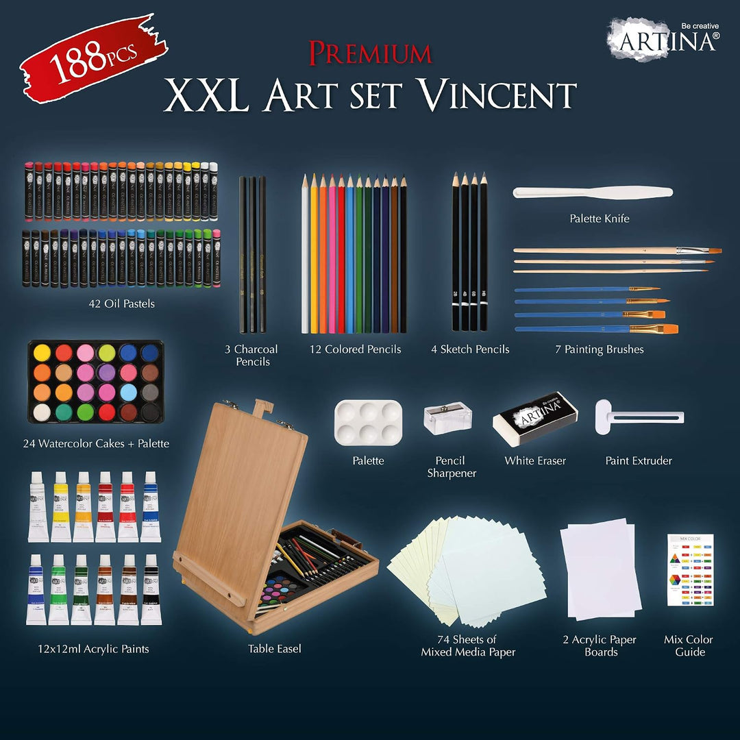 Artina 188tlg Malset Vincent mit Kofferstaffelei - XXL Malkoffer Set mit Acrylfarben, Ölkreide, Aqua