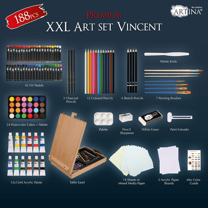 Artina 188tlg Malset Vincent mit Kofferstaffelei - XXL Malkoffer Set mit Acrylfarben, Ölkreide, Aqua