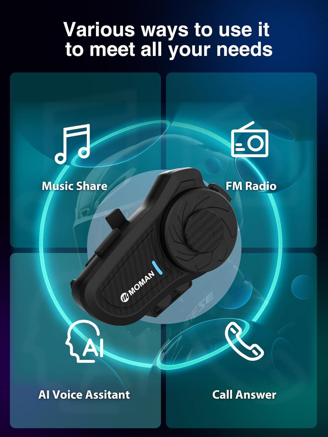 Moman Motorrad Intercom Headset, H2 Pro【1 Pack Carbonfaser】 Motorradhelm Gegensprechanlage Wireless