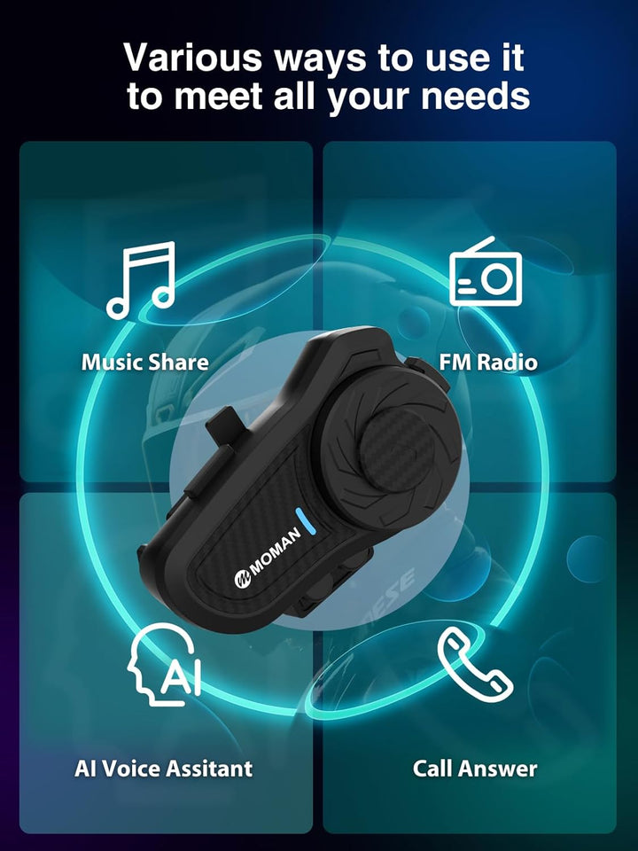 Moman Motorrad Intercom Headset, H2 Pro【1 Pack Carbonfaser】 Motorradhelm Gegensprechanlage Wireless