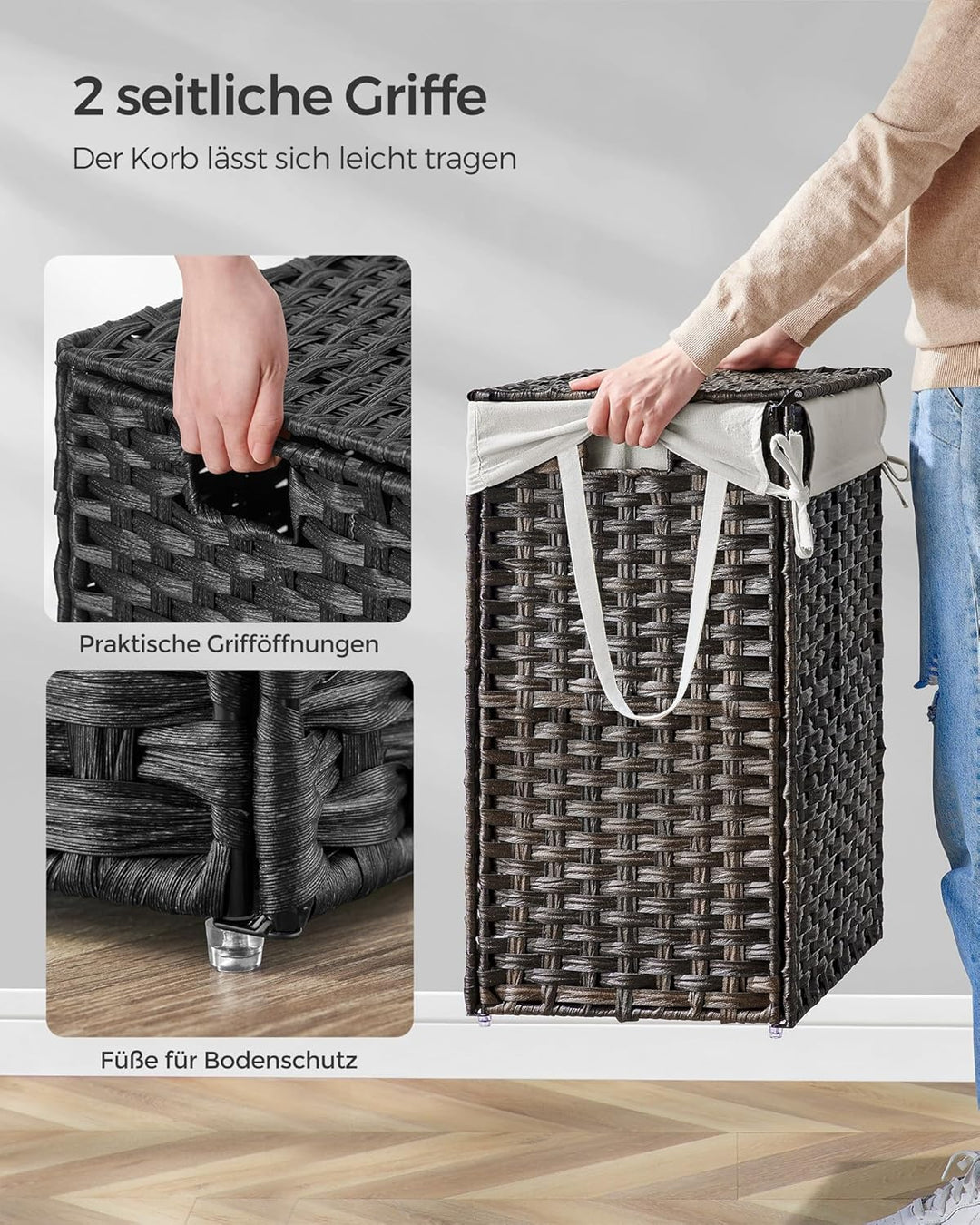 SONGMICS Wäschekorb handgeflochten, 90 L, Wäschesammler aus synthetischem Rattan, mit Deckel und Gri