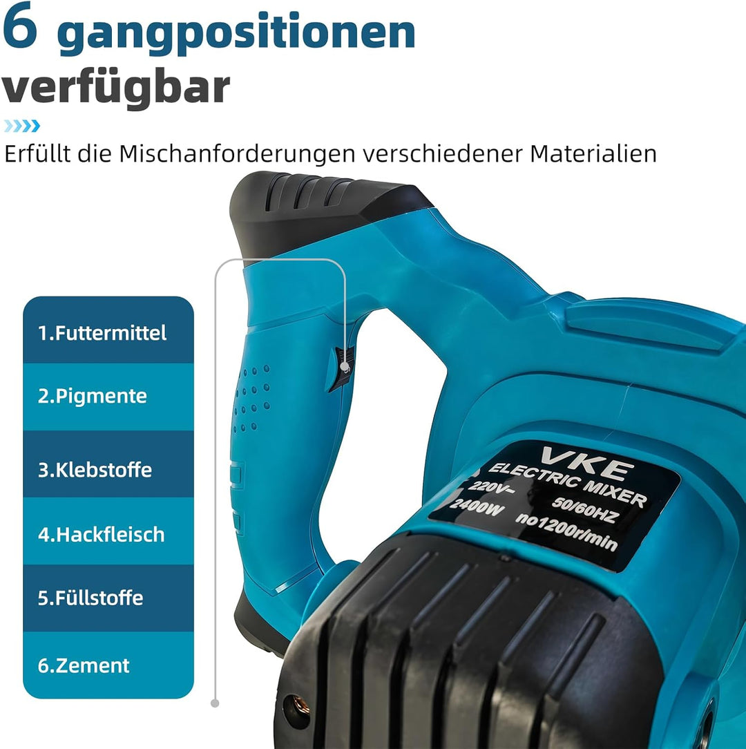 VKE Mörtelrührer, 2400W Rührwerk 6 Gang, Max. 1200 r/min Betonrührer mit Festdrehzahlknopf, Elektris