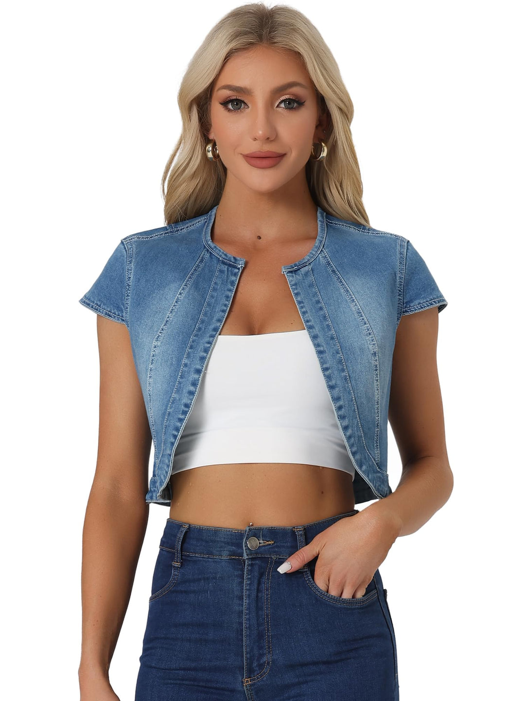 Allegra K Damen Kurz Jeansjacke Bolero Kurzarm Flügelärmeln Elegant Crop Denim Jacke S Blaue
