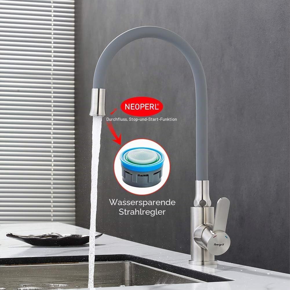 IBERGRIF M22119-9 Einhebel Küchenarmatur, Wasserhahn für Küche mit Grau Flexibler Auslauf, Superstee