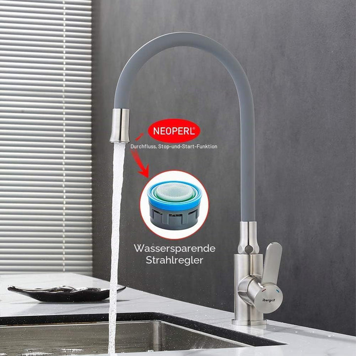IBERGRIF M22119-9 Einhebel Küchenarmatur, Wasserhahn für Küche mit Grau Flexibler Auslauf, Superstee