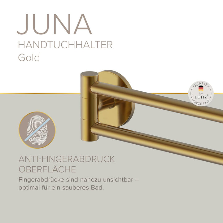 Lenz Handtuchhalter Juna in Gold – 2 schwenkbare Arme, 40 cm – Mit Anti-Fingerabdruck Oberfläche – W