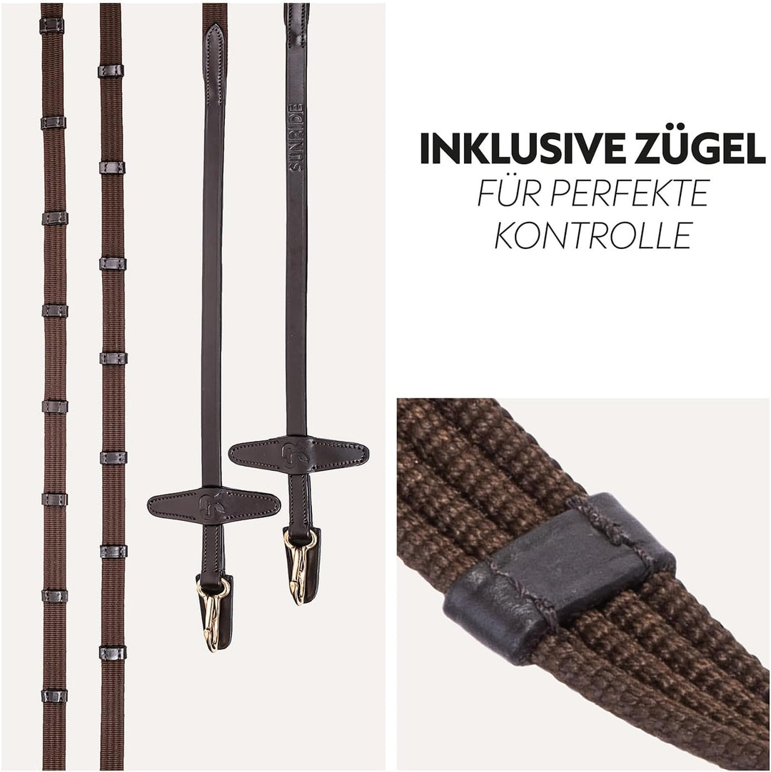 SUNRIDE englisch kombinierte Trense Berlin mit Zügel, aus weichem Echtleder mit Clip-Verschluss, ver