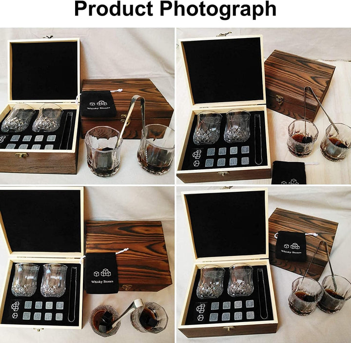 8 Whisky Steine mit 2 Whiskey Gläsern, Zange & Holz Geschenkbox - Whiskey Steine Geschenkset aus Nat