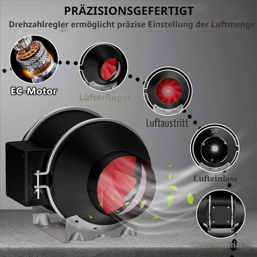 KAVUNION Rohrventilator 100 mm, 40 W EC-Motor 2600 U/min 205 m³/h Rohrlüfter 100mm mit Fernbedienung