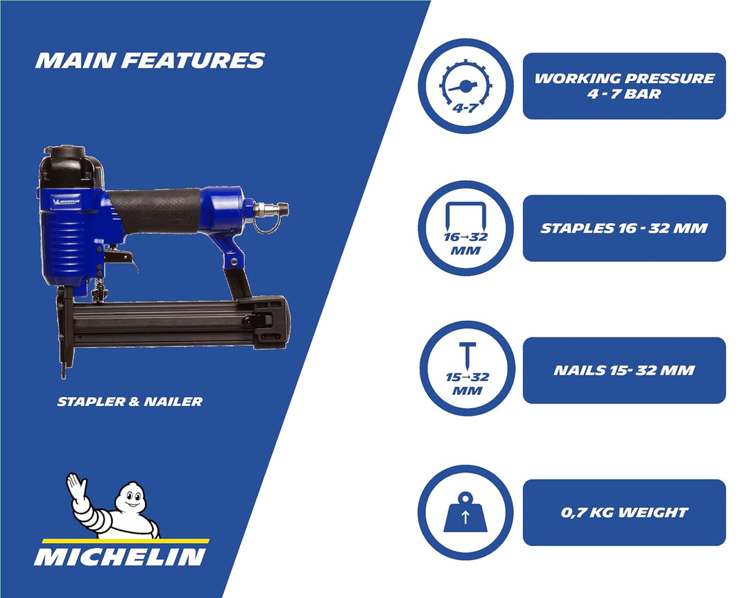 Michelin Druckluft-Heft- und Nagelgerät, geeignet für 16-32 mm Klammern und 15-32 mm Nägel, Inklusiv