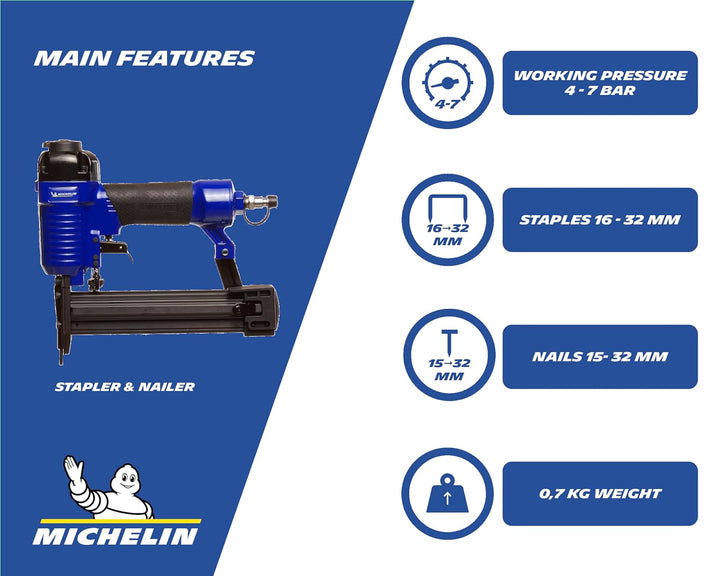 Michelin Druckluft-Heft- und Nagelgerät, geeignet für 16-32 mm Klammern und 15-32 mm Nägel, Inklusiv
